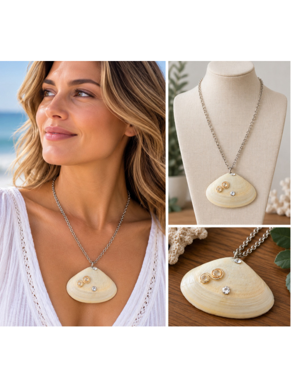 Women's Unbranded Seashell Pendant Necklace One Size Beige Silver